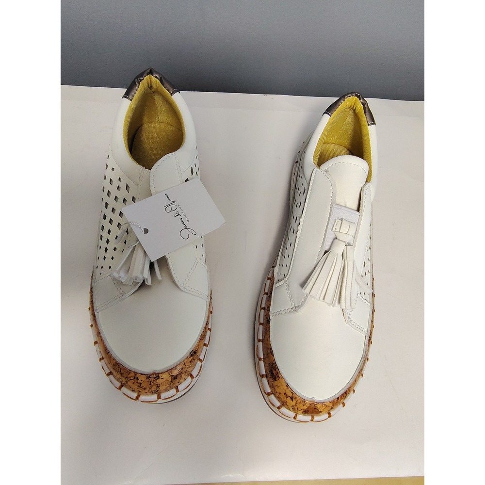 James & Olivia Boutique White Perforated Tassel Slip On Sneakers Cork Trim 641‎